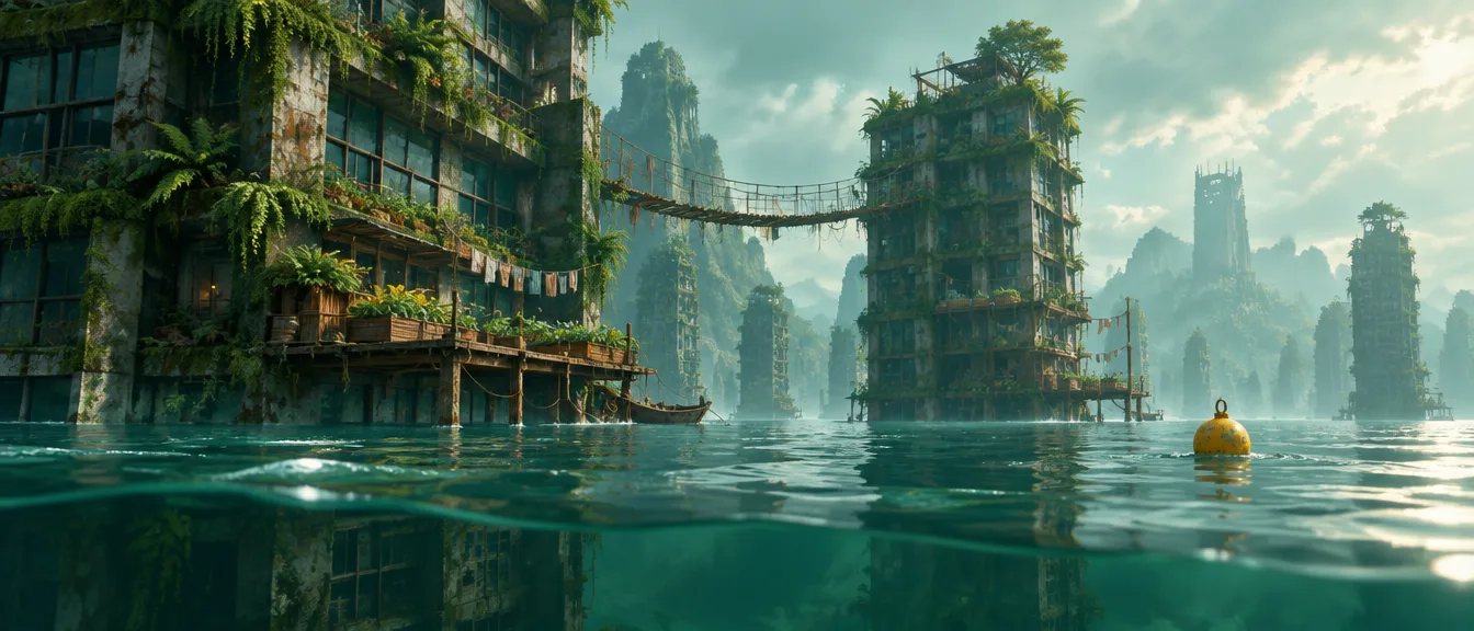 Menara berlumut dengan kebun di balkon dan jembatan tali, tepat di atas garis air.