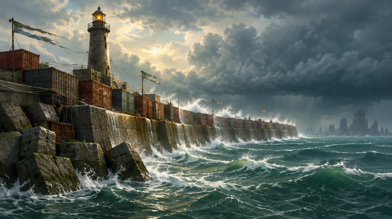 The Breakwater: tembok laut berkarat dan mercusuar menghadap badai.