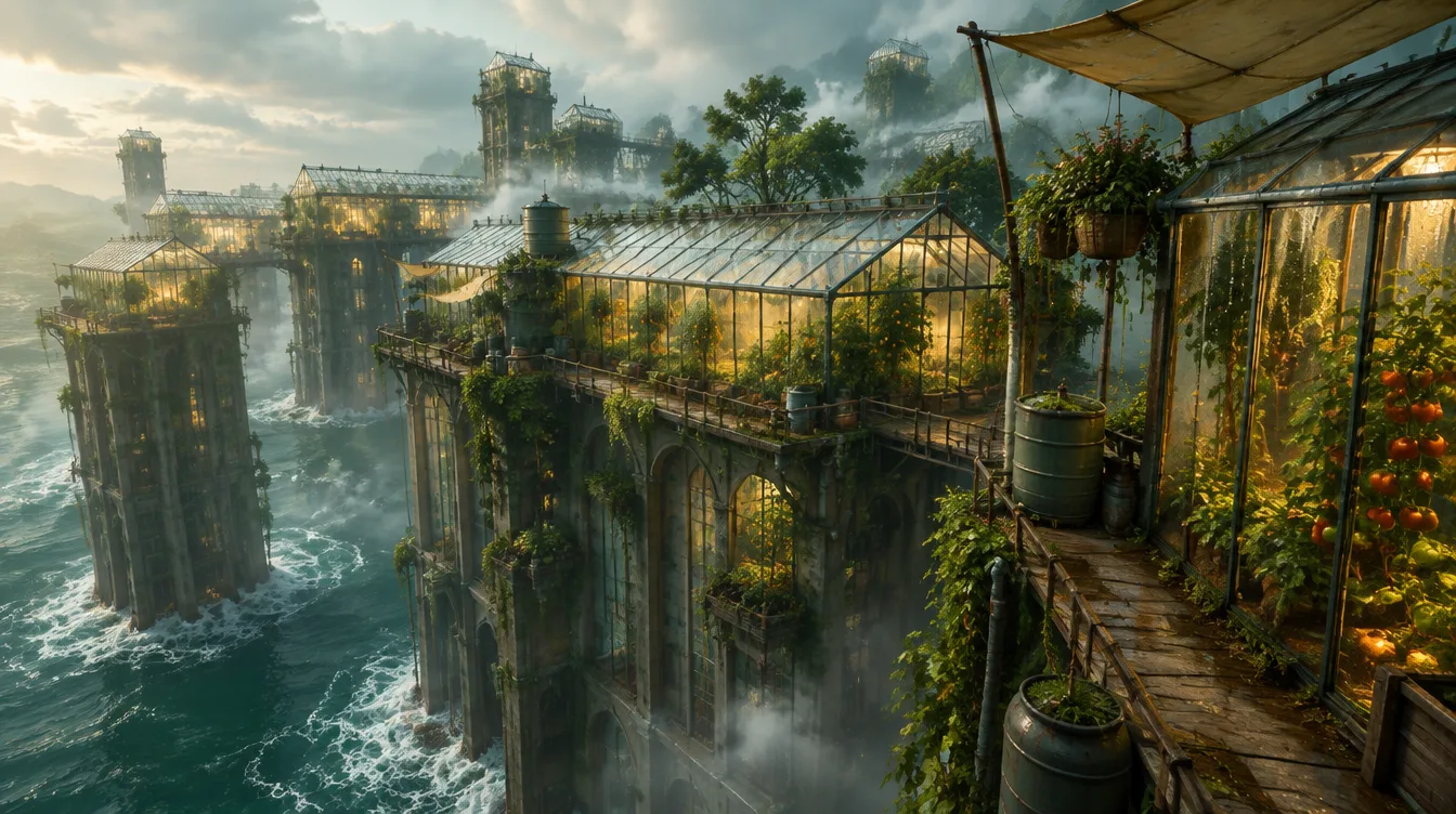 Glasshouse Row: rumah kaca di atas atap, tomat merah di balik kaca berembun.