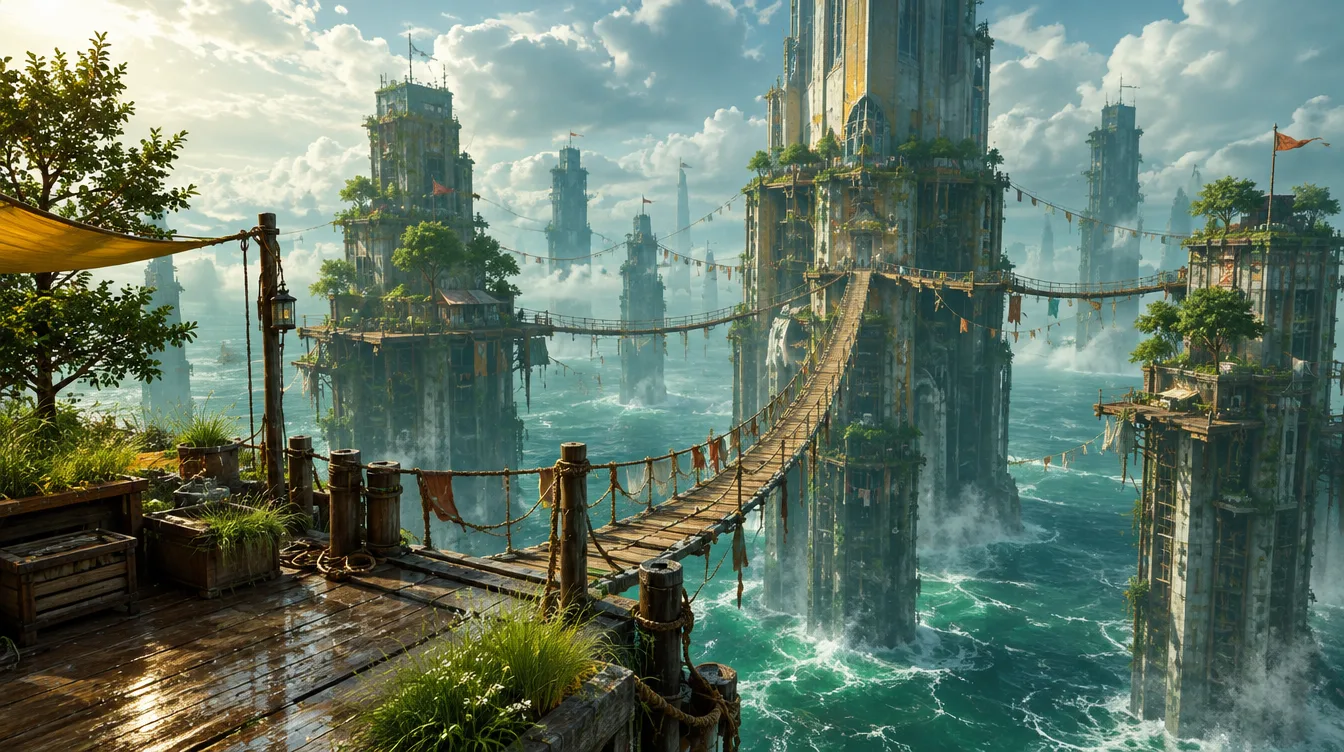 The Spires: jembatan tali panjang menuju menara tertinggi di atas laut hijau.