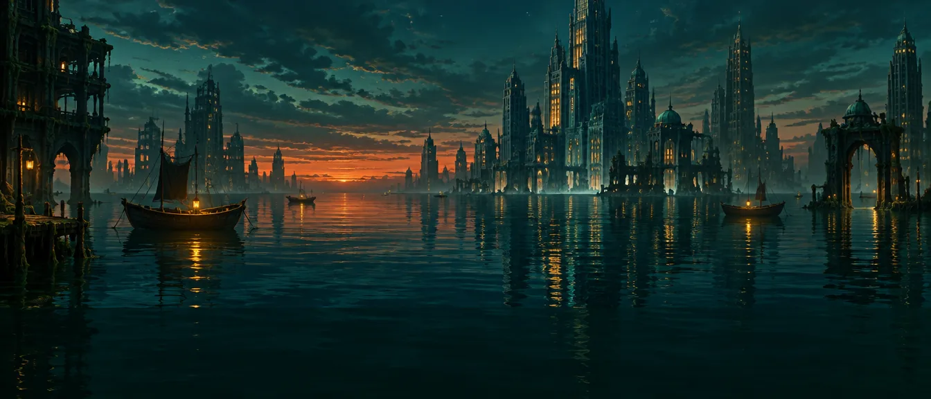 Senja di pelabuhan Meridian, menara berlampu memantul di air tenang.