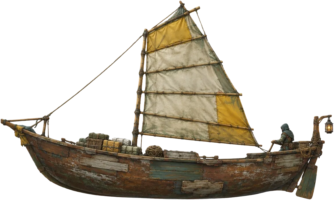 The Second Sparrow, perahu jung tambalan dengan layar kuning, melintas di saluran air.